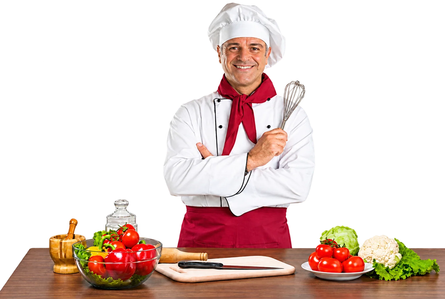 Un chef souriant en veste blanche et toque, les bras croisés et tenant un fouet, se tient derrière une table en bois avec des légumes frais, un mortier et une planche à découper.
