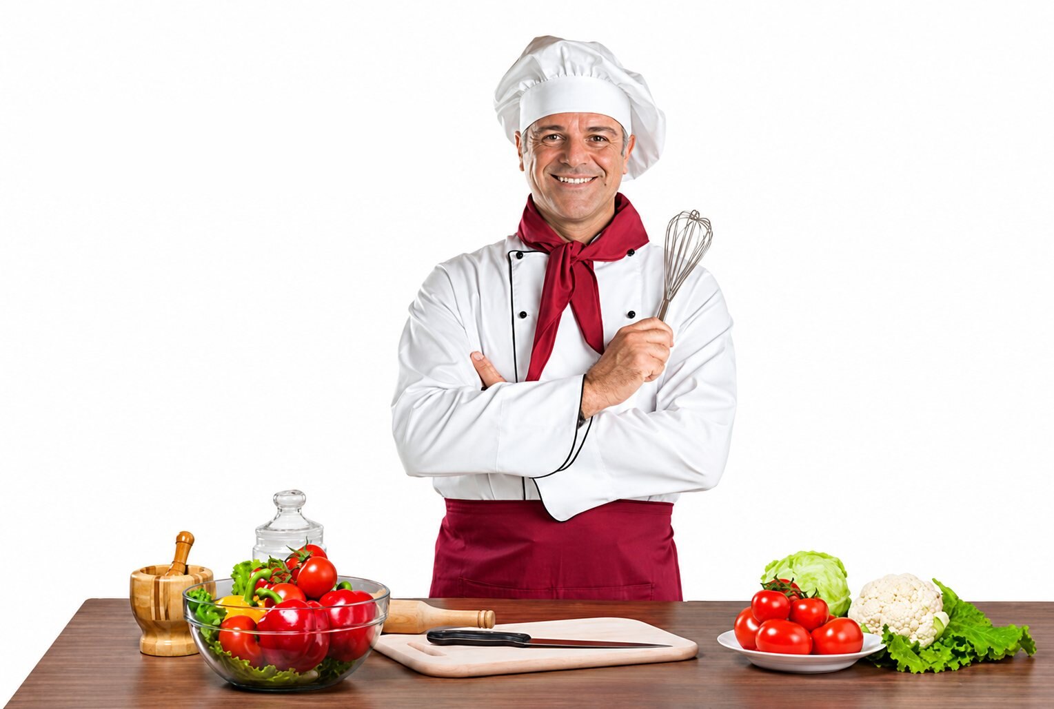 Un chef souriant en veste blanche et toque, les bras croisés et tenant un fouet, se tient derrière une table en bois avec des légumes frais, un mortier et une planche à découper.