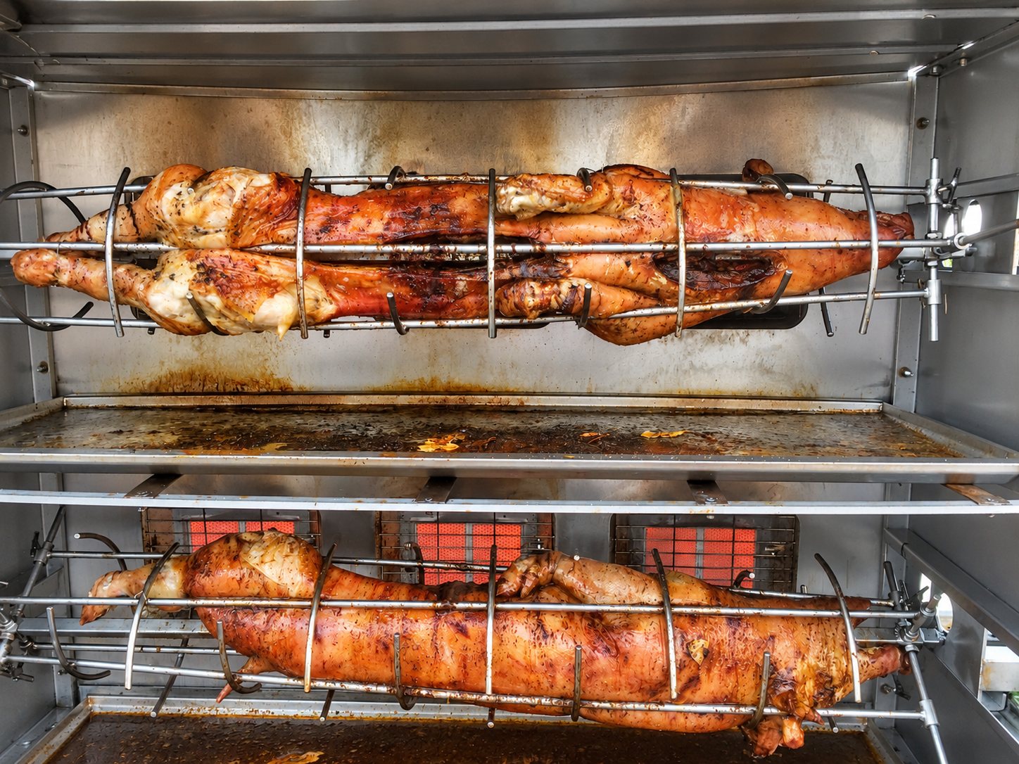Deux cochons de lait dorés cuisent sur des broches dans un four rôtissoire en inox, avec des brûleurs orange visibles en bas.