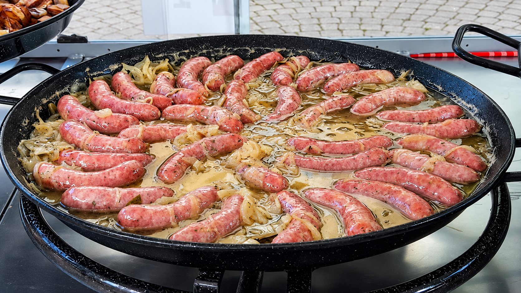 Une grande poêle noire posée sur un feu à gaz contient de nombreuses saucisses roses qui cuisent dans une sauce avec des oignons.