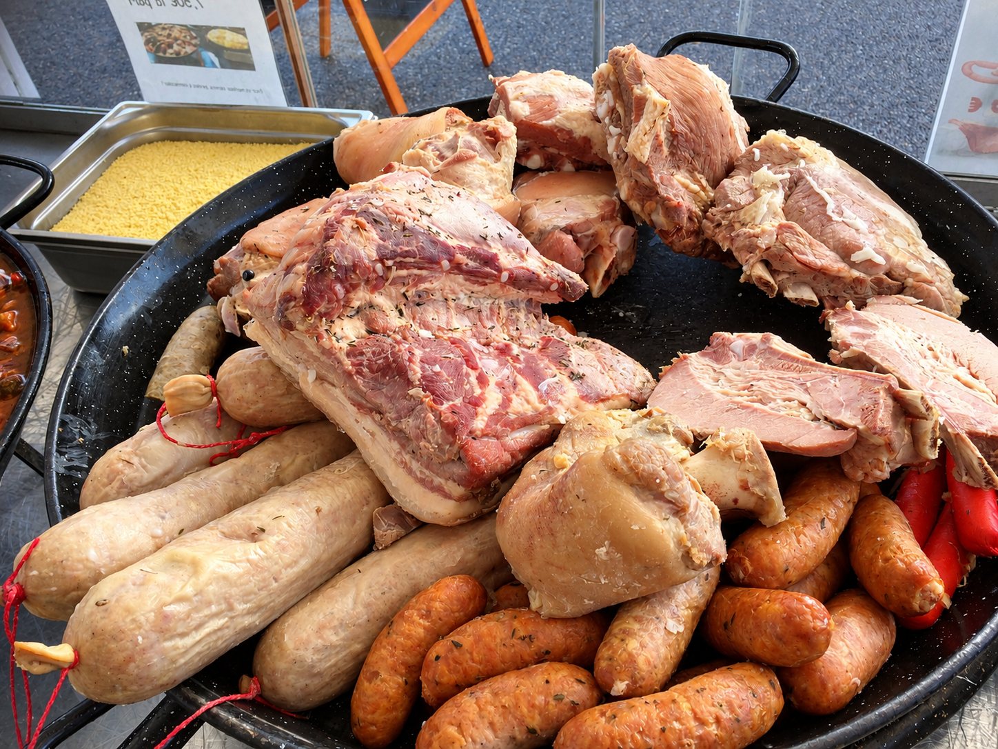 Une grande poêle noire remplie de morceaux de porc cuit, de saucisses blanches et grillées, avec un bac de semoule à l'arrière-plan.
