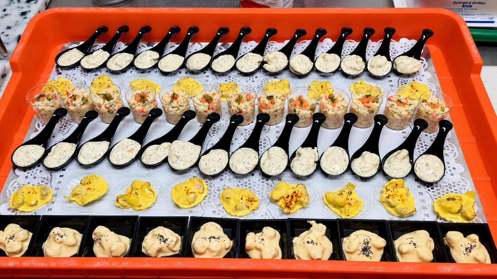 Un plateau orange présente des rangées de cuillères noires garnies de crème, de verrines de salade et de petites bouchées jaunes et crémeuses sur des dentelles en papier.