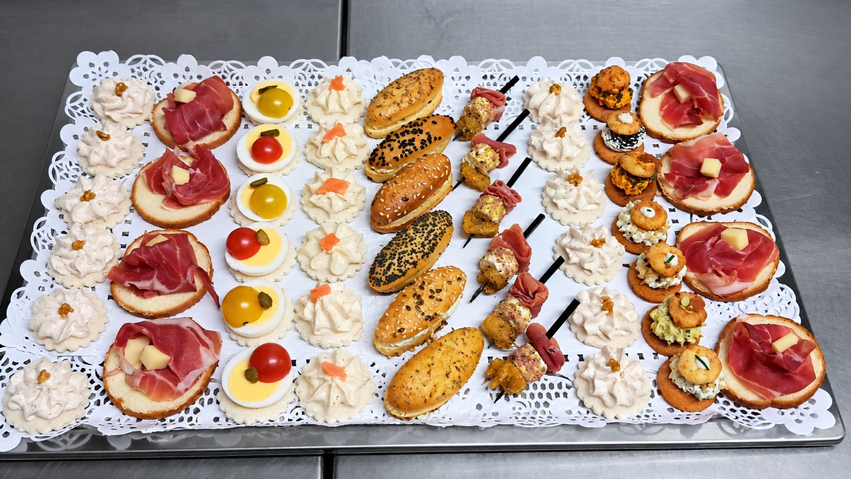 Un plateau métallique garni de napperon en papier présente des canapés au jambon cru, des œufs mimosa à la tomate, des mousses, des mini-sandwichs et des brochettes.