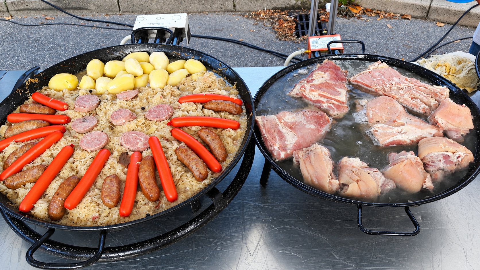 Deux grandes poêles posées sur une table en extérieur, l'une garnie de choucroute, saucisses, rondelles de saucisson et pommes de terre, l'autre remplie de morceaux de viande de porc.